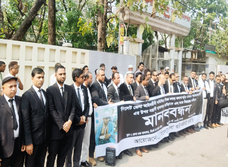 এডভোকেট মনিরের উপর হা ম লা র প্রতিবাদে সিলেট জেলা আইনজীবী সমিতির মানববন্ধন